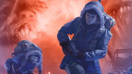 Artwork of The Thing video game showing soldiers in snowsuits, some kind of monster in the background.