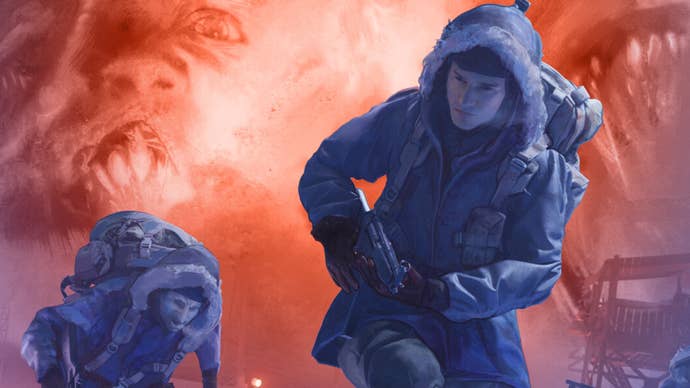 Artwork of The Thing video game showing soldiers in snowsuits, some kind of monster in the background.