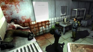 A screenshot from The Thing: Remastered showing soldiers conversing in a laboratory while a mangled, bloody corpse can be seen slumped in the corner of the room.