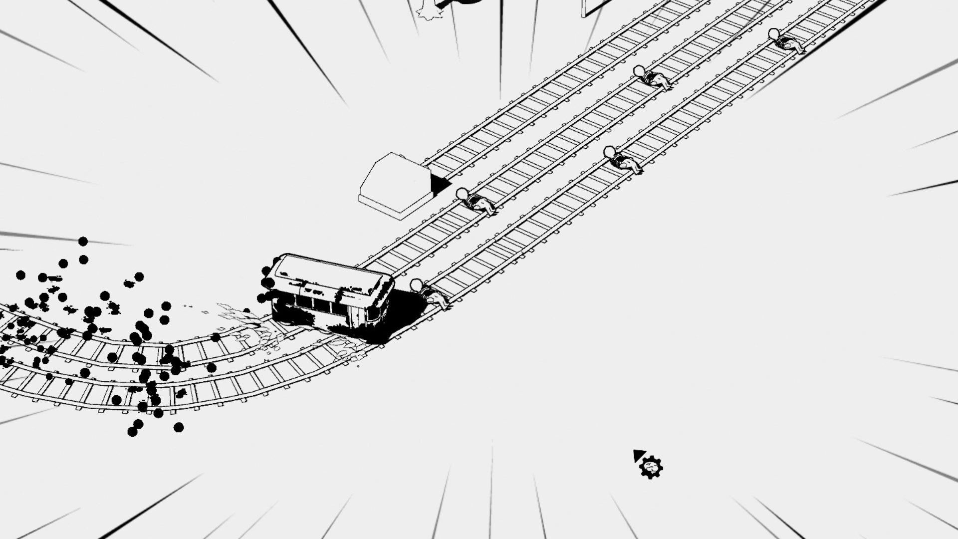 A trolley skidding down two tracks at one in The Trolley Solution. - 1