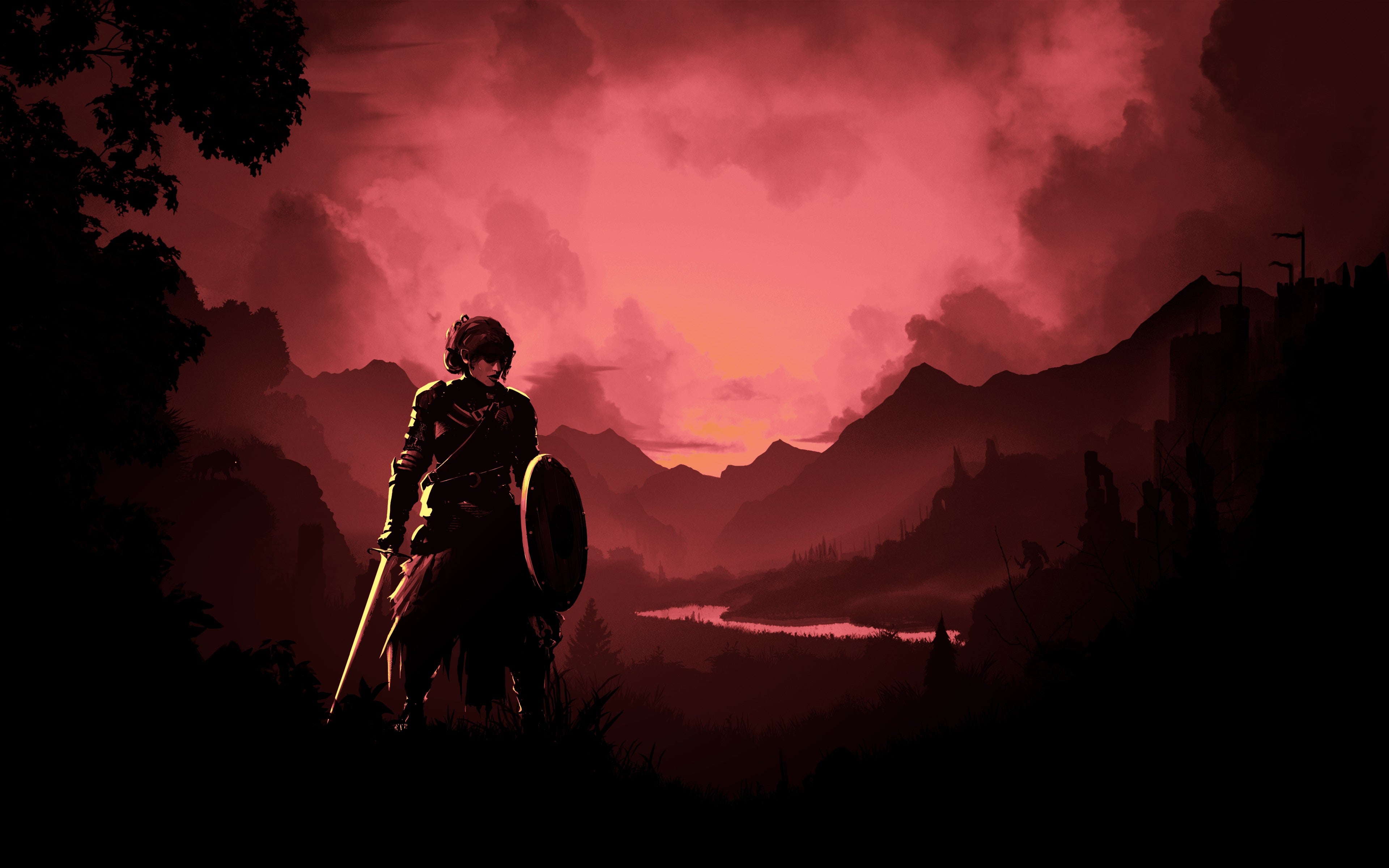 The Vale - A woman wearing armor and holding a sword and shield stands in the foreground of a valley that&rsquo;s colored red in sunset.