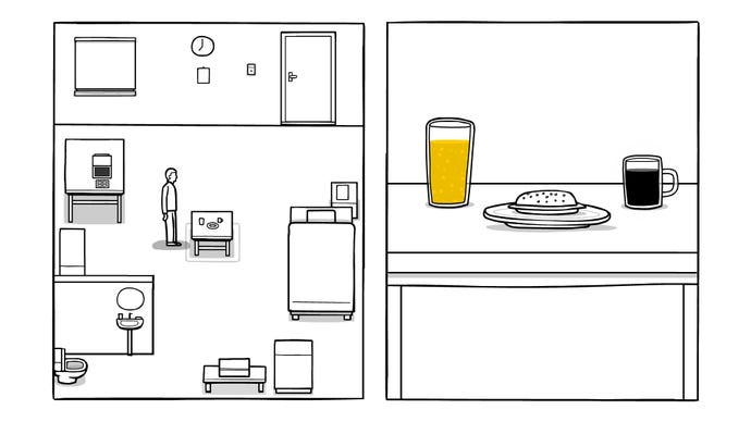 The protagonist of 2D puzzle game The White Door walks around his room on the left side of the screen, and looks at his breakfast - shown on a table on the right side of the screen