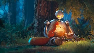 A robot is sat against a tree, a baby bird in its hand, a fox sat on its leg in The Wild Robot.