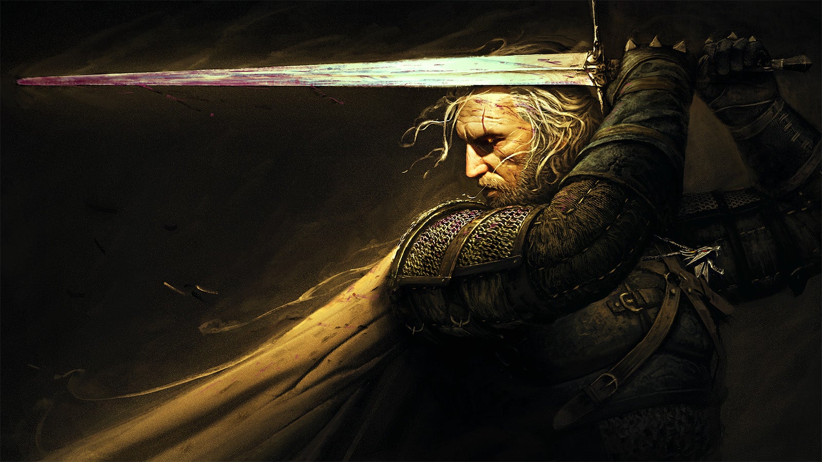 A side-on image of whitish-grey-haired witcher Geralt, holding his sword above his head and tilted forwards in an "ox guard" position. The scene is dark but the blade and his face are lit in a yellow light, and there's a cape just visible flowing from his shoulders.