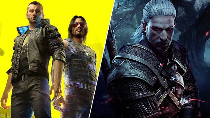 On the left, V and Johnny Silverhand from Cyberpunk 2077 stood in front of a yellow tinted skyline. On the right, Geralt from The Witcher 3 in some dark woods.