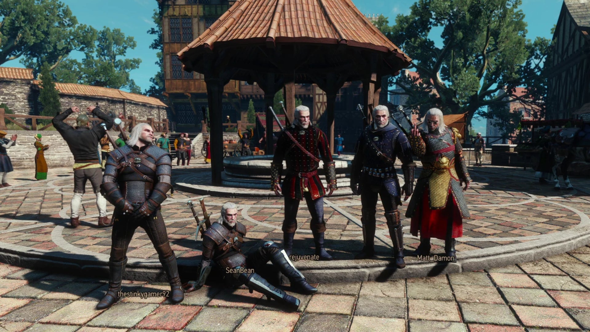 A gaggle of Geralts in The Witcher 3, thanks to an online multiplayer mod. - 1