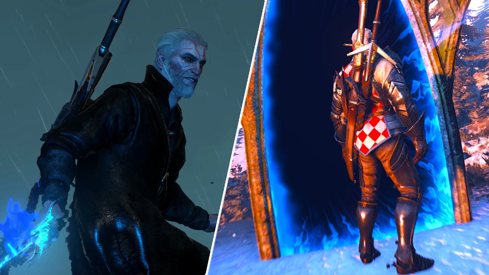 Geralt wielding the crooked sword in The Witcher 3 opposite him facing a portal. - 1