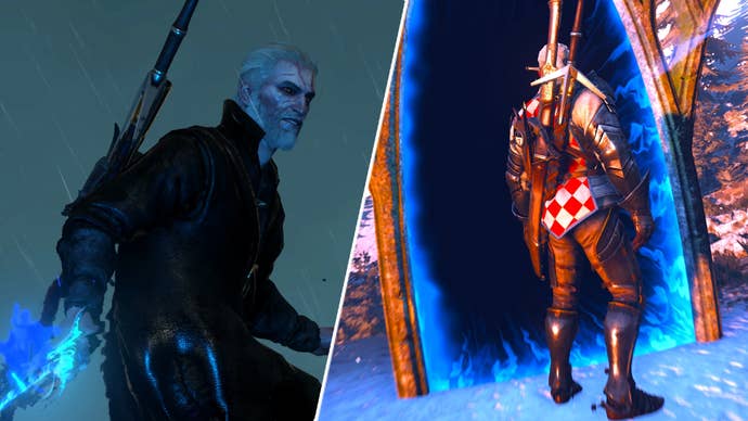 Geralt wielding the crooked sword in The Witcher 3 opposite him facing a portal.