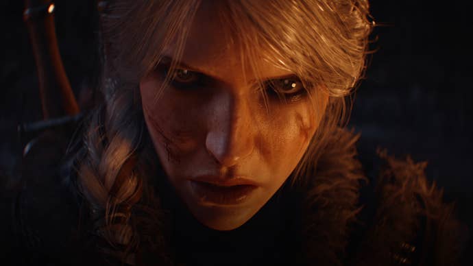 A close-up of an older Ciri’s face in the reveal trailer for The Witcher 4.