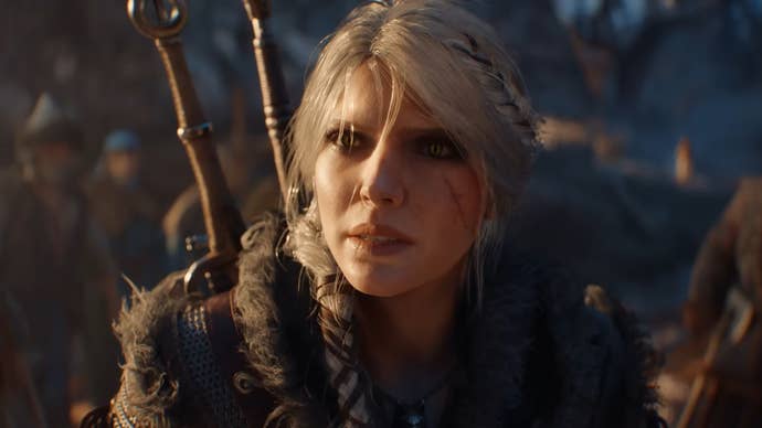 Ciri looks into the camera, with two swords on her back.
