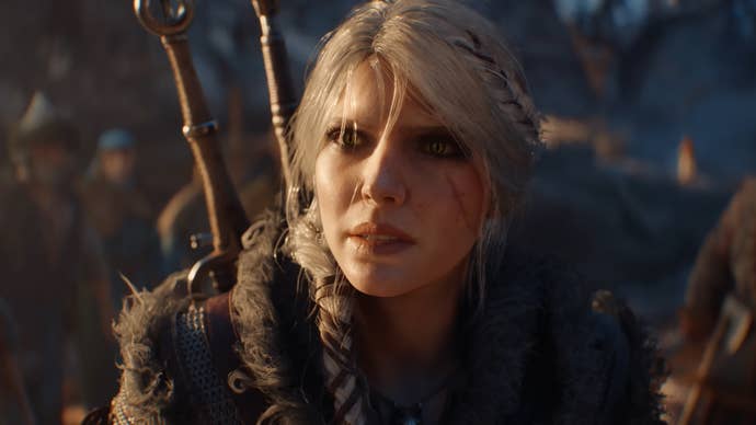Ciri in the trailer for The Witcher 4, she looks surprised, a crowd of people around her.