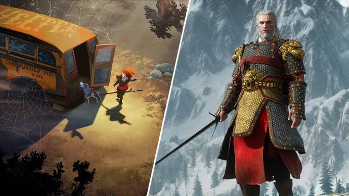 Geralt in The Witcher 3 opposite the protagonist of The Flame in the Flood.