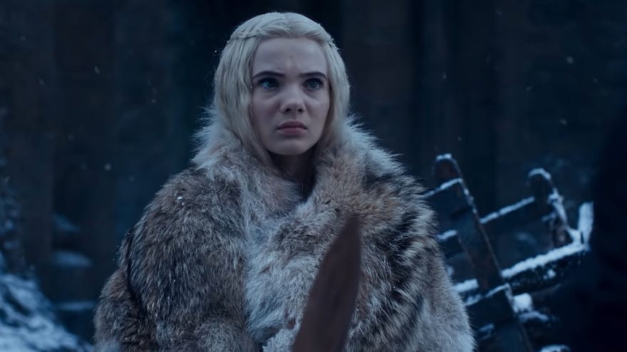 Witcher season 2 trailer - Civi holds a practice sword while looking at Geralt off camera.
