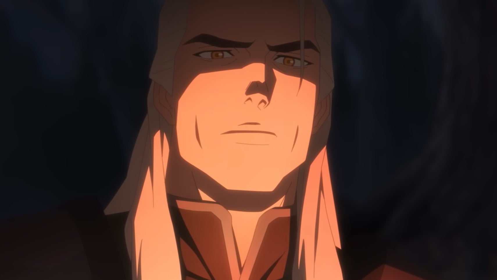 A close-up of Geralt in The Witcher: Sirens of the Deep, he looks slightly sad, the glow of a campfire hitting the lower half of his face. - 1