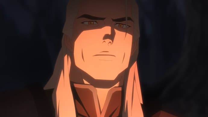 A close-up of Geralt in The Witcher: Sirens of the Deep, he looks slightly sad, the glow of a campfire hitting the lower half of his face.