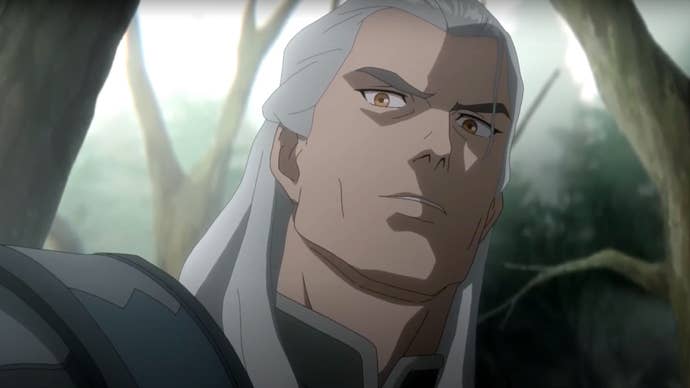 A shot from Netflix’s animated movie The Witcher: Sirens of the Deep showing a close-up of protagonist Geralt as he roams a misty forest.