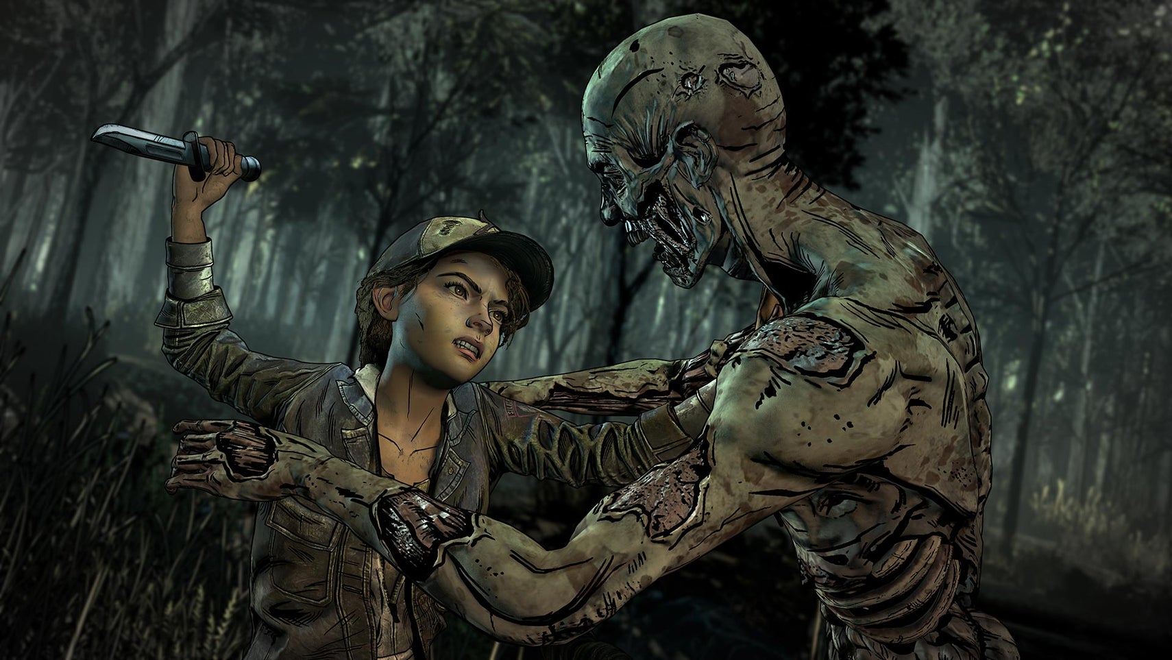 A teenaged girl (Clementine) fights off a rotting zombie with a hunting knife in a still from The Walking Dead: The Final Season. - 1