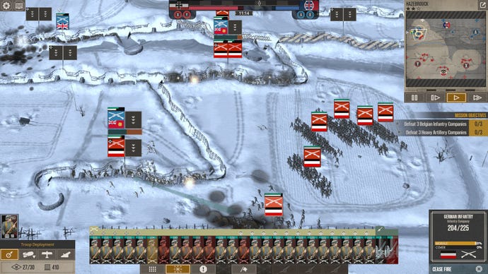 six units advancing across a snowy no man’s land in The Great War: The Western Front