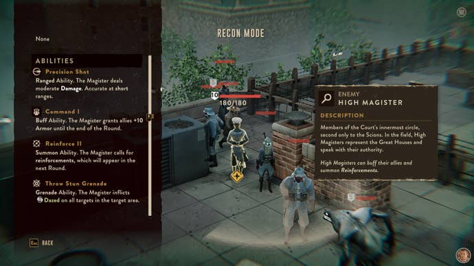 Checking out The Magister’s abilities via Recon mode in The Lamplighters League.