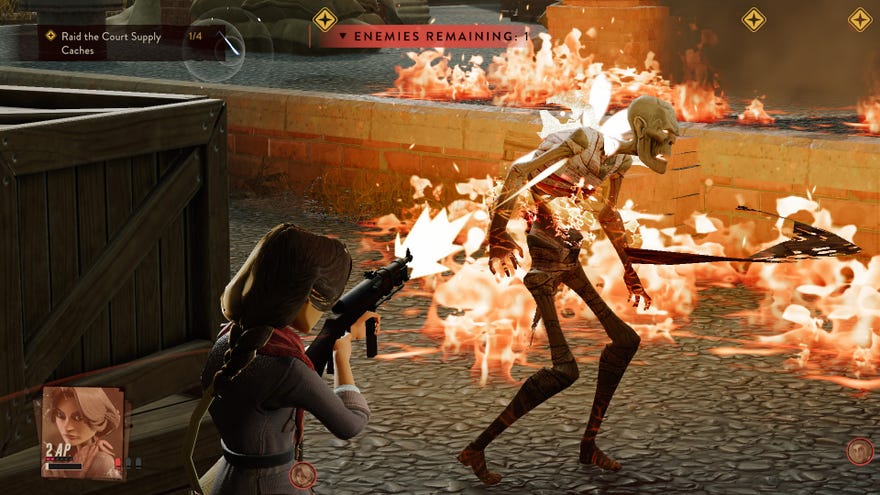 A character blasts a flaming zombie with a rifle in The Lamplighters League.