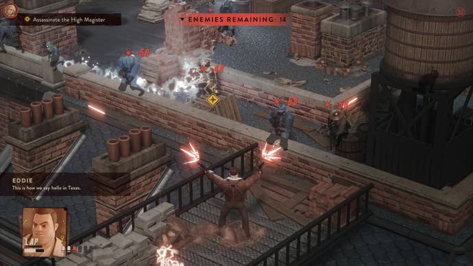 Eddie sprays a gang of soldiers with dual pistols in The Lamplighters League.