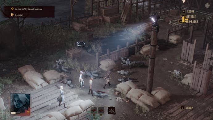 The squad wander through a mass of bodies in The Lamplighters League.