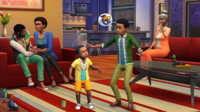 The Sims 4 screenshot showing a family spending time together in their home