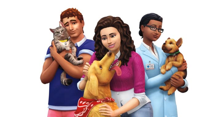 The Sims 4 Cats and Dogs artowkr showing three Sims holding pets