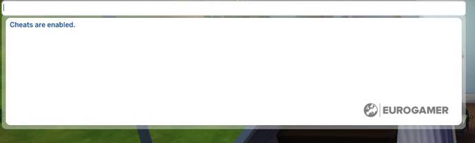 The Sims 4 console showing the message “Cheats are enabled”.