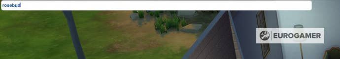 The Sims 4 console showing the message “rosebud.”.