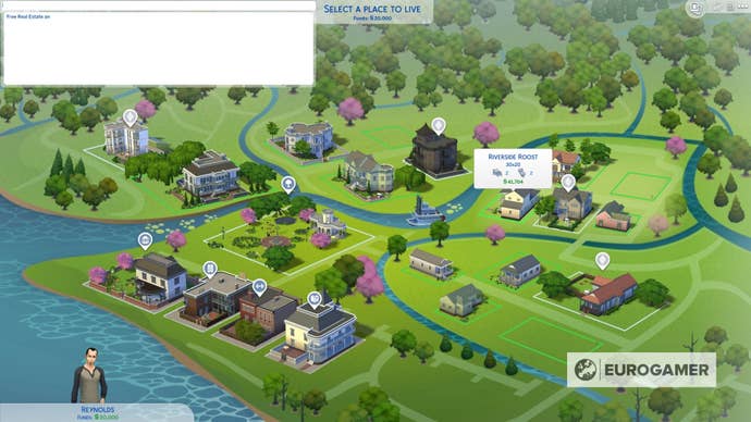 Sims town with the console open that reads “Free Real Estate on”.