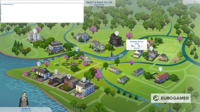 Sims town with the console open that reads "Free Real Estate on".
