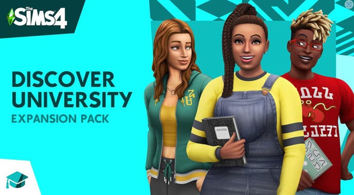 The Sims 4 Discover University artwork showing three student Sims