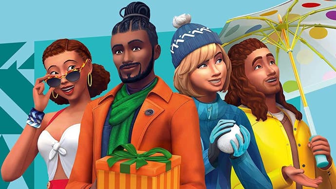 The Sims 4 Seasons artwork showing four sims, one rolling a snowball, one holding a present and one carrying an umbrella.