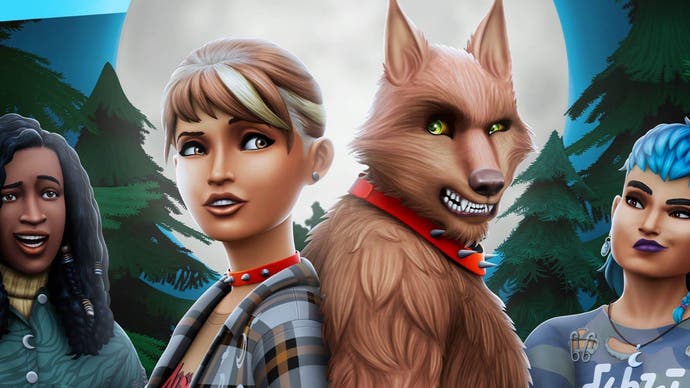 The Sims 4 Werewolves artwork showing three Sims and a werewolf.