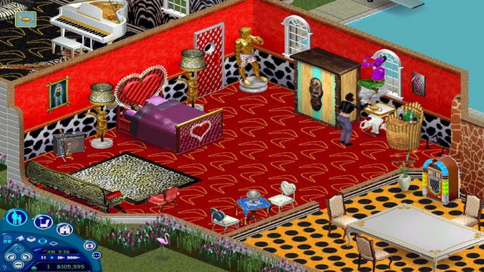 A “tacky house” from The Sims: Livin' Large, complete with giant heart-shaped bed, animal prints on the walls and floor, a tiki bar, and a genie granting wishes.
