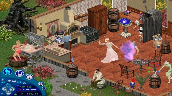 A house from The Sims: Makin' Magic, The Sims 1’s final expansion pack. Demonstrating the significant tonal shift in the generation’s final year, the household includes a woman with a magic wand casting a spell on another Sim, a green-skinned fairy tending to a plant, and a skeleton maid emerging from a coffin.