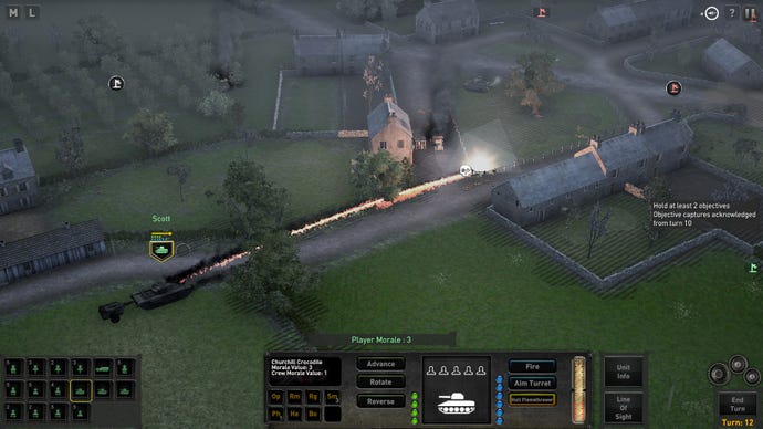 A tank aiming through a village in The Troop