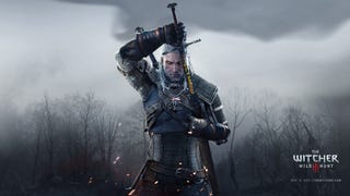 Geralt of Rivia unsheathes his sword against a cloudy, foresty backdrop in The Witcher 3