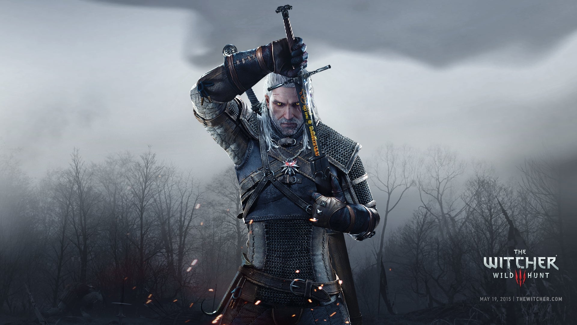 Geralt of Rivia unsheathes his sword against a cloudy, foresty backdrop in The Witcher 3 - 1