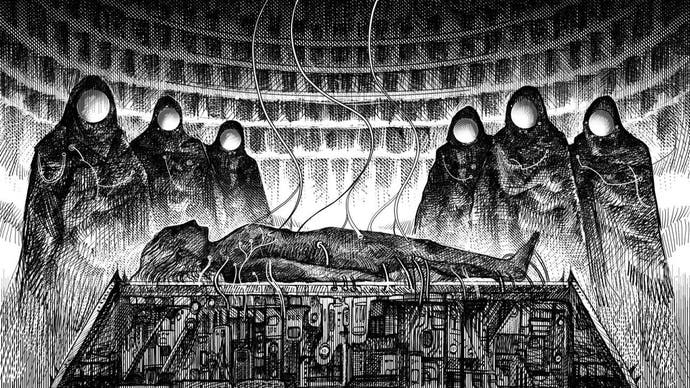 A black and white pencil sketch of hooded characters crowded around a plinth with a body on, pockmarked with many wires coming from it. It's a high-tech sacrifice of some kind, or an altar.