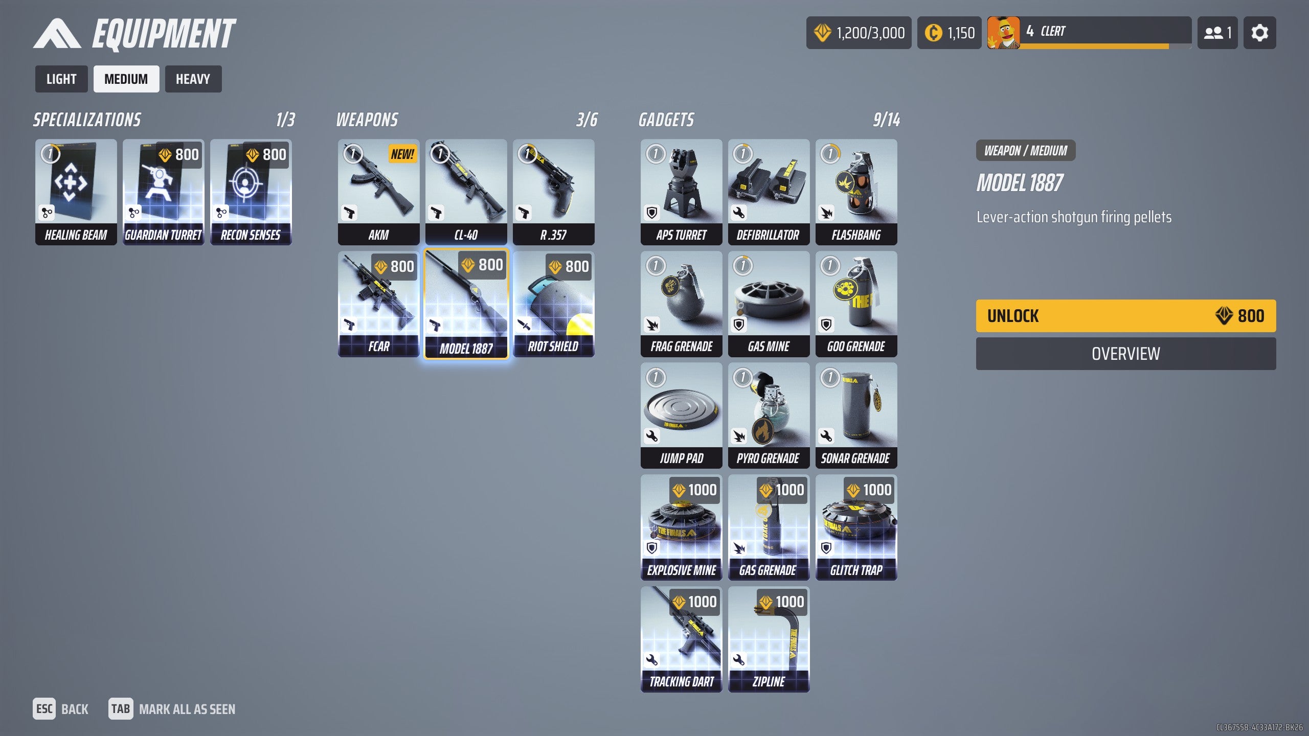 A menu screen from The Finals showing lots of little square windows with pieces of equipment in. This is the equipment shop where you can buy and unlock new pieces of equipment to play with.