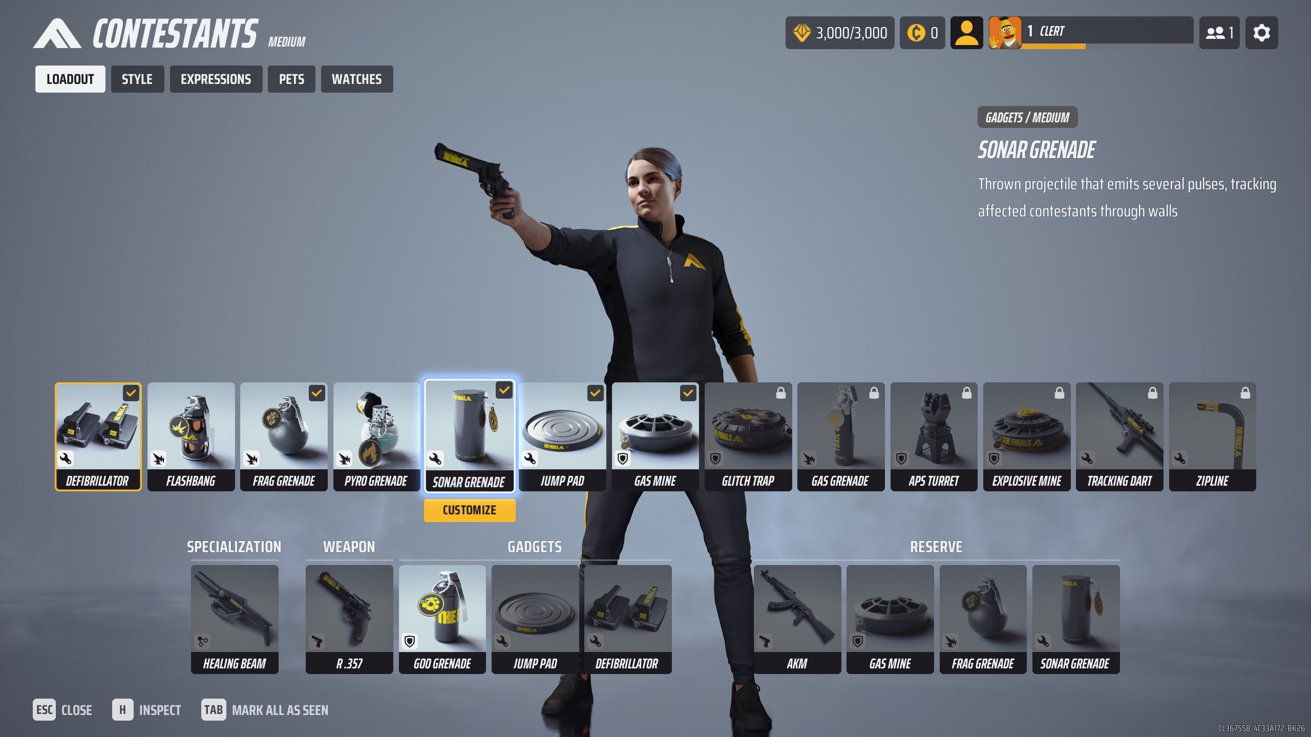 The loadout menu in The Finals, showing Bertie&rsquo;s tracksuit-wearing character and, below them, a line of equipment slots which represent the stuff they&rsquo;ll be able to use during the match. It&rsquo;s an assortment of guns, grenades and gadgets.