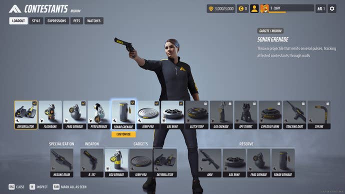 The loadout menu in The Finals, showing Bertie’s tracksuit-wearing character and, below them, a line of equipment slots which represent the stuff they’ll be able to use during the match. It’s an assortment of guns, grenades and gadgets.