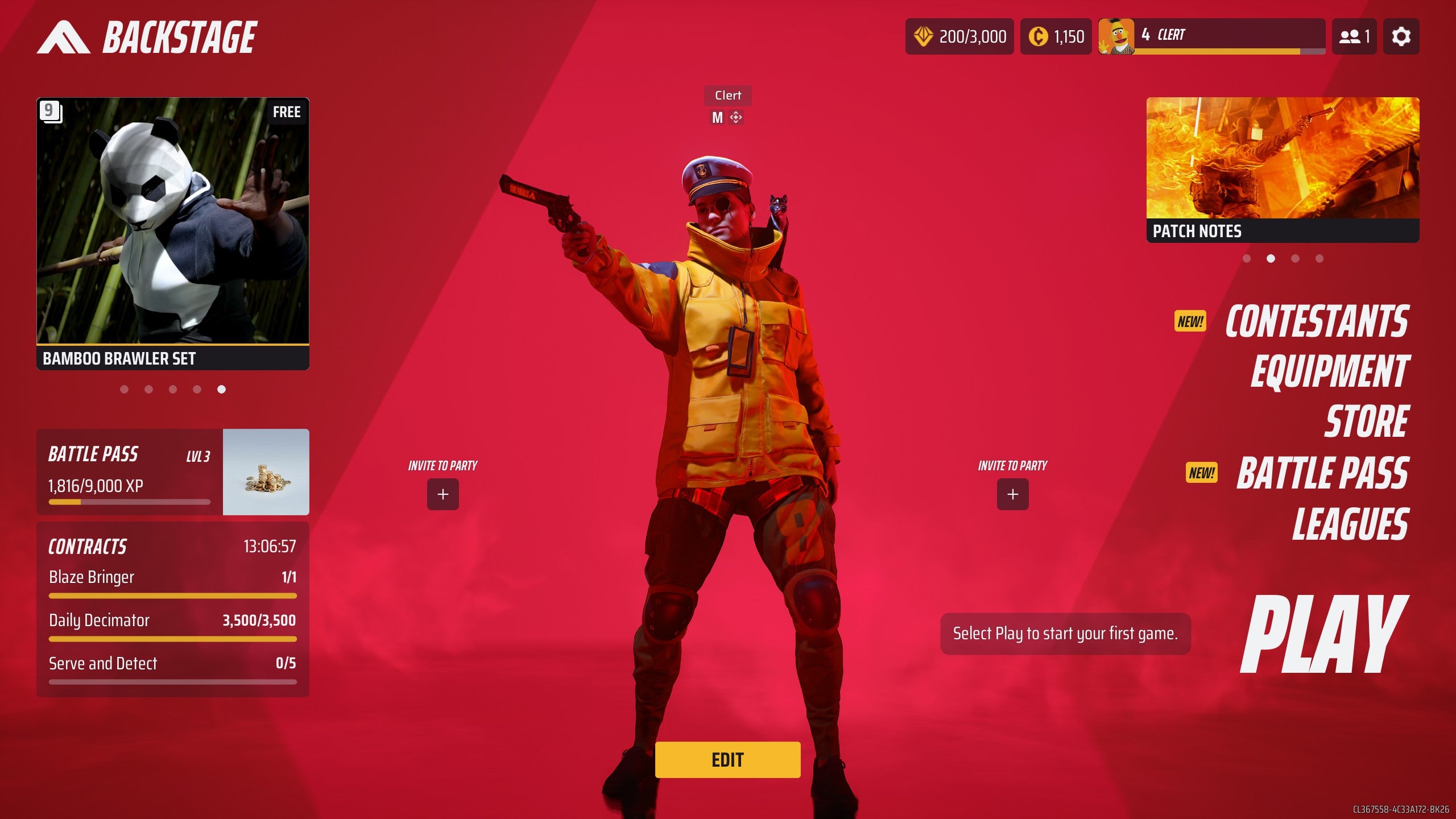 A screenshot from The Finals, showing the menu/lobby screen where Bertie&rsquo;s character is standing, holding a large revolver. They&rsquo;re wearing a yellow coat and a navy captain&rsquo;s hat and they have a cat on their shoulder. They look attractively silly.