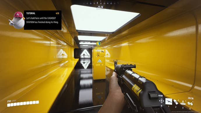 A screenshot from the tutorial area of The Finals. A yellow-walled, shiny corridor contains a safe the size of a filing cabinet, that we’re instructed to stuff with cash and then guard until the money is deposited.