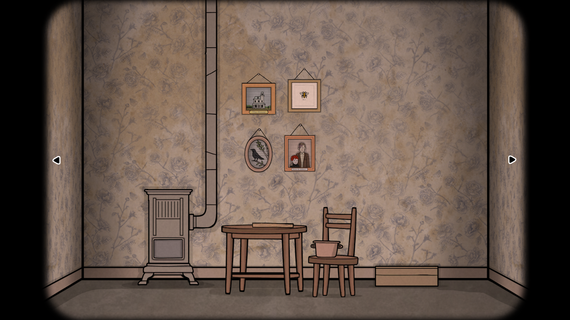A 2D illustrated image of a room. It looks like an old-fashioned room, and there&rsquo;s a wood burner, a small table and chair, and four pictures on the wall.