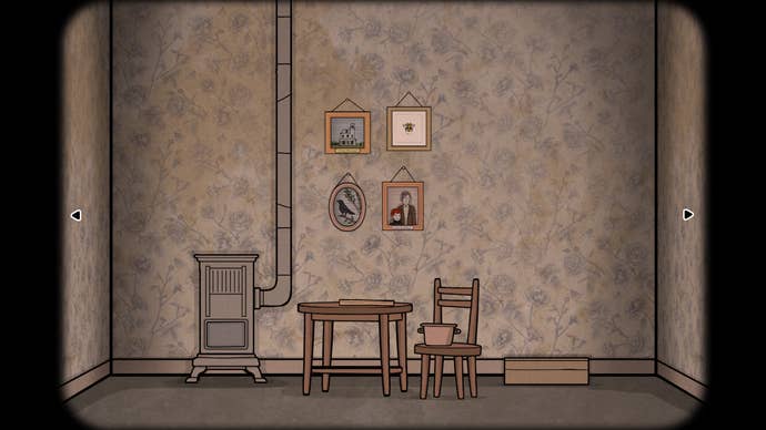 A 2D illustrated image of a room. It looks like an old-fashioned room, and there’s a wood burner, a small table and chair, and four pictures on the wall.