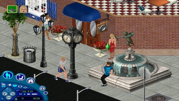 A city street corner in The Sims: Hot Date.
