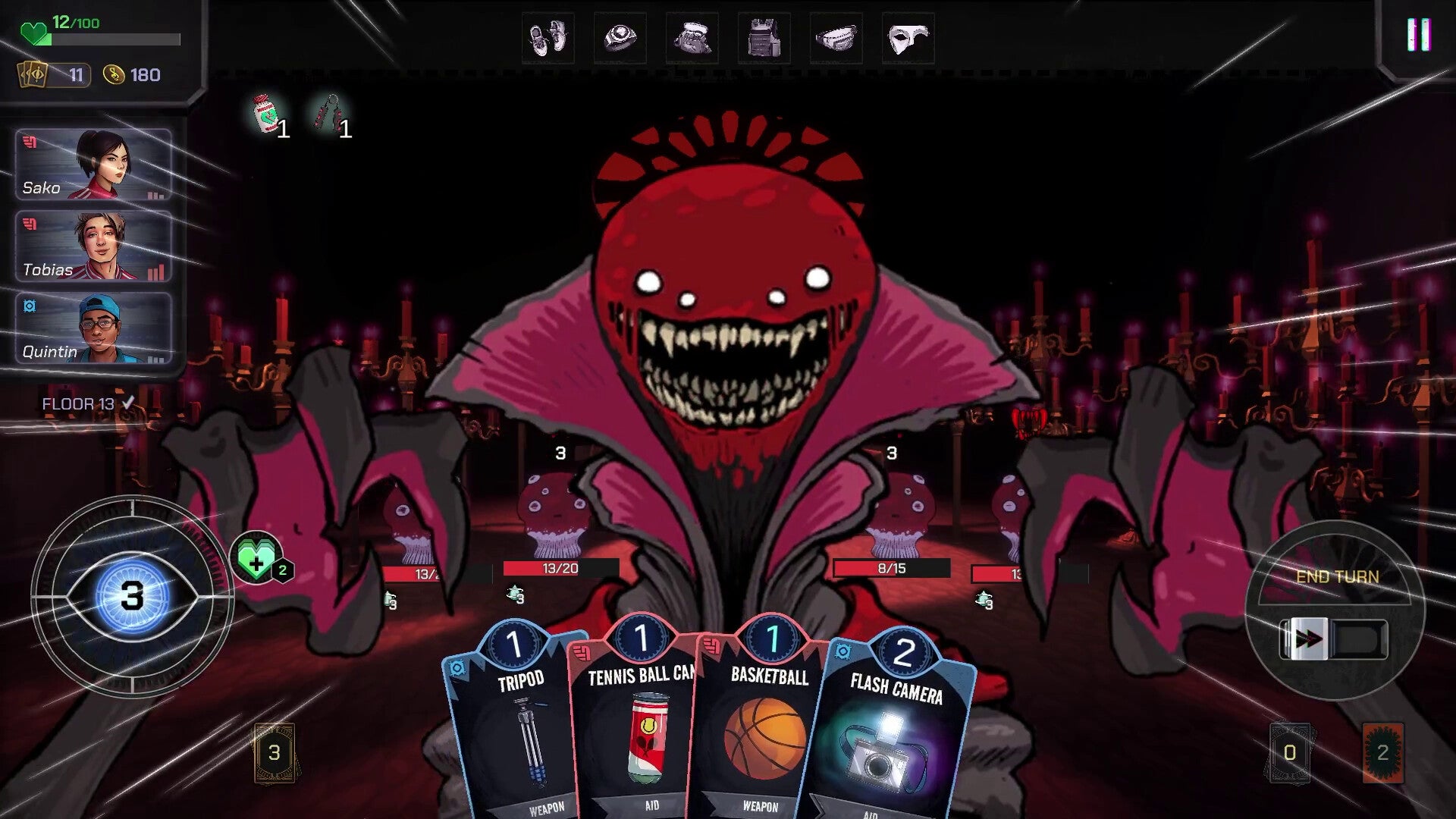 A red-faced insect monster confronting the player party with streaky comicbook action lines, in a first-person scene from roguelite The Spirit Lift - 6